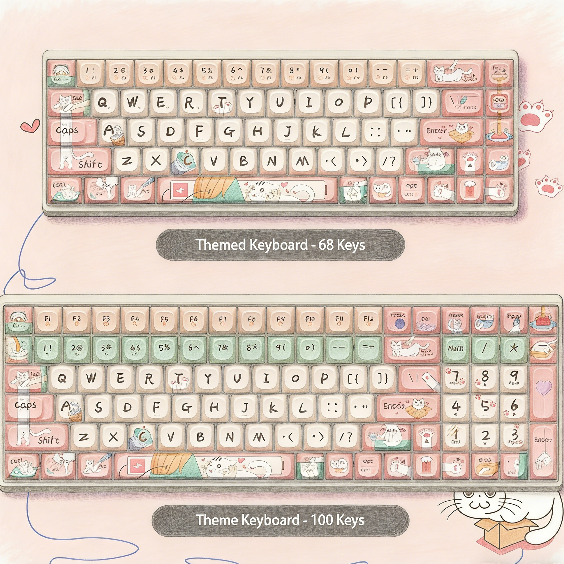 "Meow-gical Comfort" – Adorable Cat Themed Mechanical Keyboard | 68/100 Keys