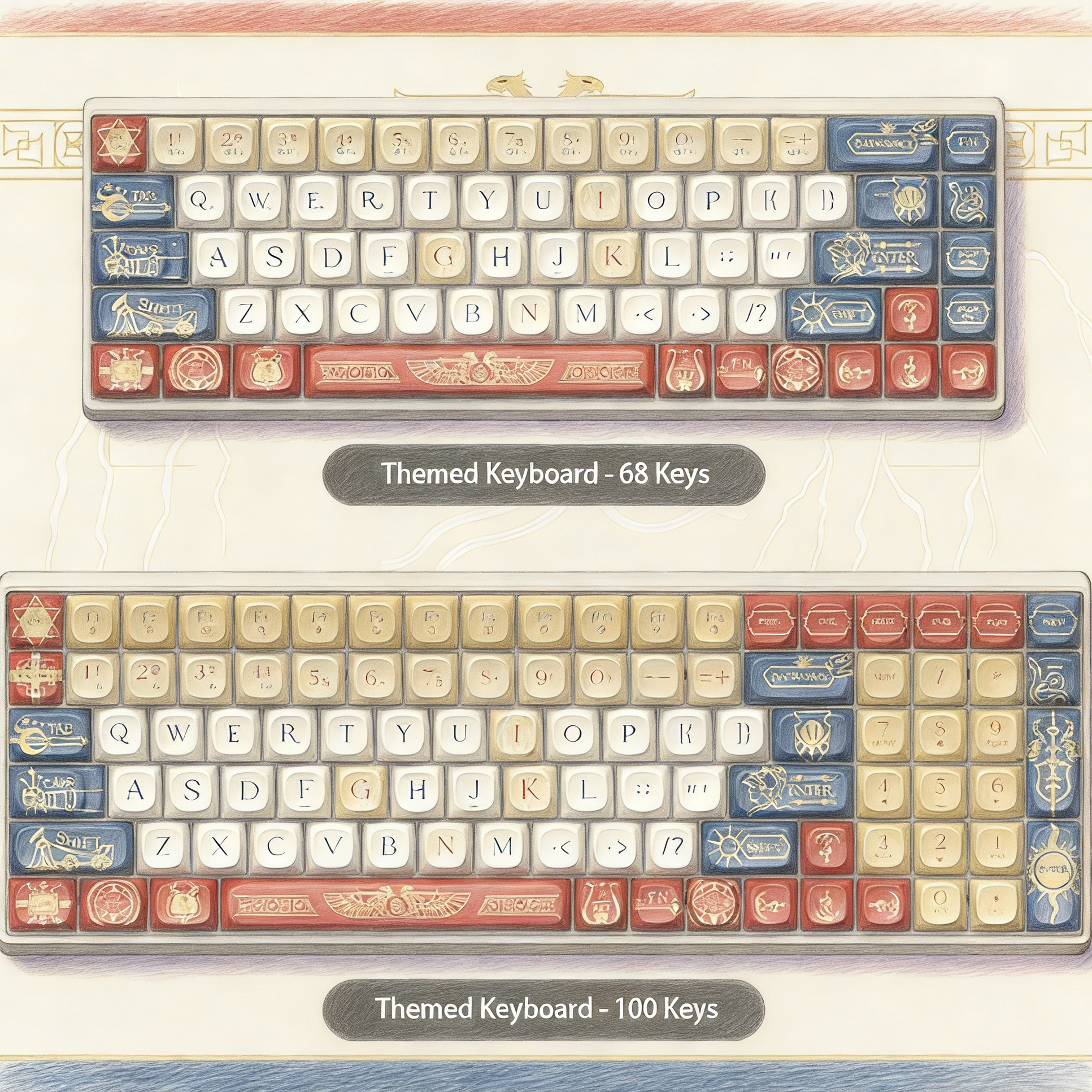 Heroic Mythology Mechanical Keyboard - Red, Blue & Gold Custom Keycaps - 68/100 Keys Layout