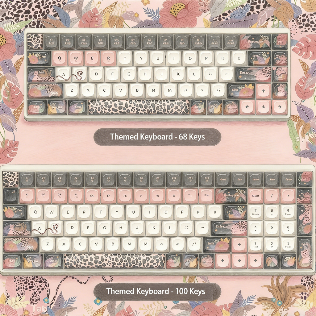Wild Elegance: Leopard & Floral Themed Mechanical Keyboard - Pink & Black Aesthetic (68/100 Keys)