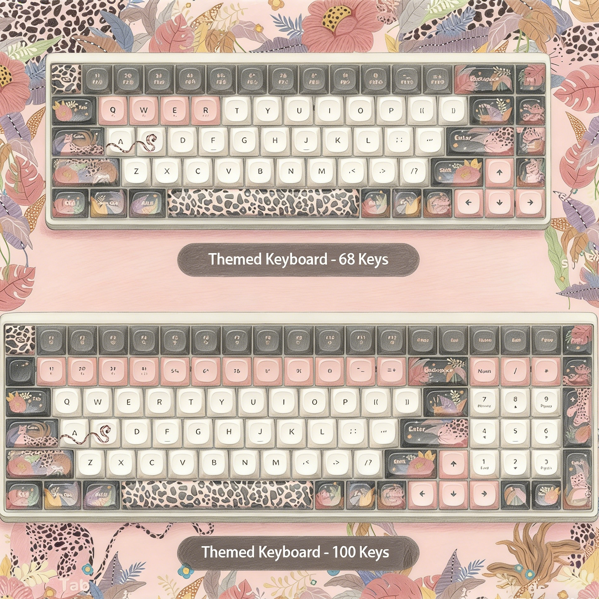 Wild Elegance: Leopard & Floral Themed Mechanical Keyboard - Pink & Black Aesthetic (68/100 Keys)