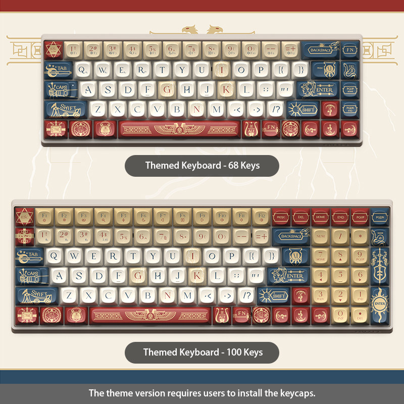 Heroic Mythology Mechanical Keyboard - Red, Blue & Gold Custom Keycaps - 68/100 Keys Layout