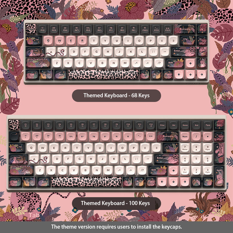 Wild Elegance: Leopard & Floral Themed Mechanical Keyboard - Pink & Black Aesthetic (68/100 Keys)